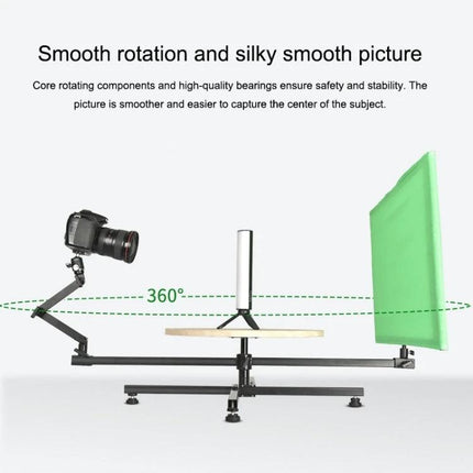 YELANGU Panoramic Turntable for 360-Degree Photography Sessions showing camera, rotating platform and green screen for smooth 360° product shots