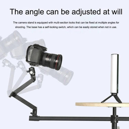 YELANGU Panoramic Turntable for 360-Degree Photography Sessions showing camera mounted on adjustable arm with product on rotating platform