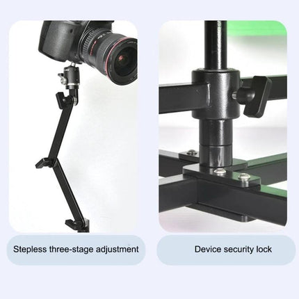 YELANGU Panoramic Turntable for 360-Degree Photography Sessions showing stepless three-stage adjustment and device security lock on support arm