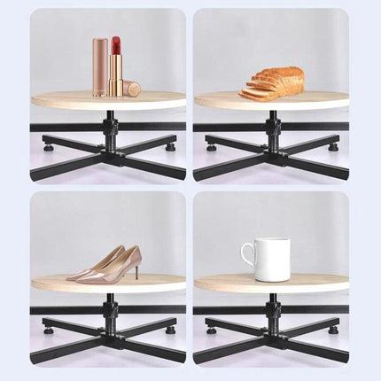 YELANGU Panoramic Turntable for 360-Degree Photography Sessions showing rotating platform with lipstick, bread, shoes and mug on stable black base