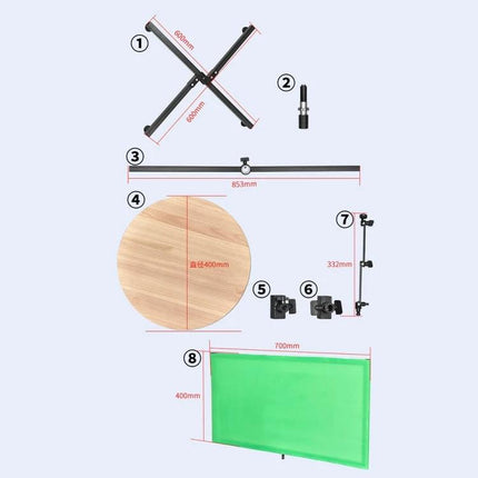 YELANGU Panoramic Turntable for 360-Degree Photography Sessions showing components, wooden turntable, cross base, arm and green screen