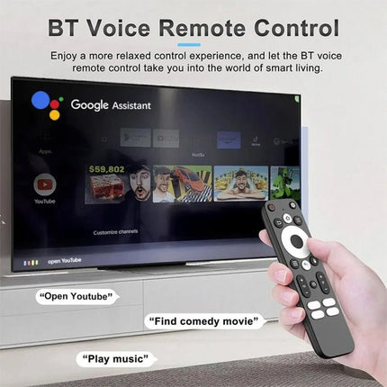 LEMFO Android TV Stick for High-Definition Streaming showing TV screen with Google Assistant and BT voice remote control