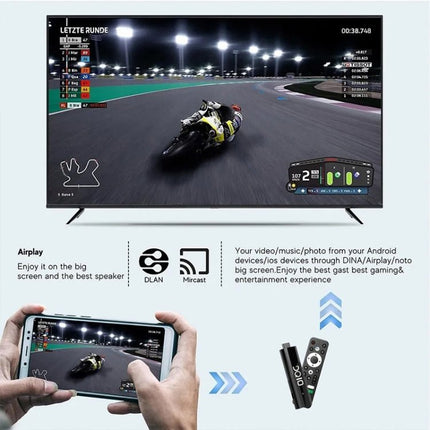 LEMFO Android TV Stick for High-Definition Streaming plugged into TV showing racing video, smartphone mirroring and remote controls