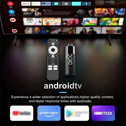 LEMFO Android TV Stick for High-Definition Streaming shown with remote and TV apps interface