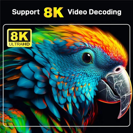 LEMFO Android TV Stick for High-Definition Streaming showing vibrant 8K UltraHD parrot display and 8K video decoding badge