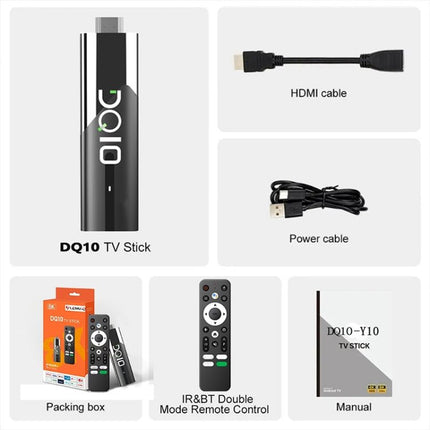 LEMFO Android TV Stick for High-Definition Streaming showing TV stick, HDMI and power cables, remote, packing box, and manual