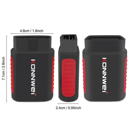 KONNWEI Scanner for Routine Vehicle Maintenance Checks compact OBD2 dongle with red grips shown front and side views