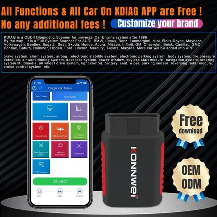 KONNWEI Scanner for Routine Vehicle Maintenance Checks - compact OBD2 code reader plugged into 16-pin port with smartphone app display