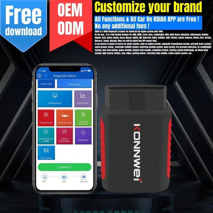 KONNWEI Scanner for Routine Vehicle Maintenance Checks compact OBD2 tool with smartphone app showing diagnostic menu