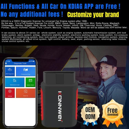 KONNWEI Scanner for Routine Vehicle Maintenance Checks compact OBD2 tool plugged into 16-pin port for check engine light diagnostics