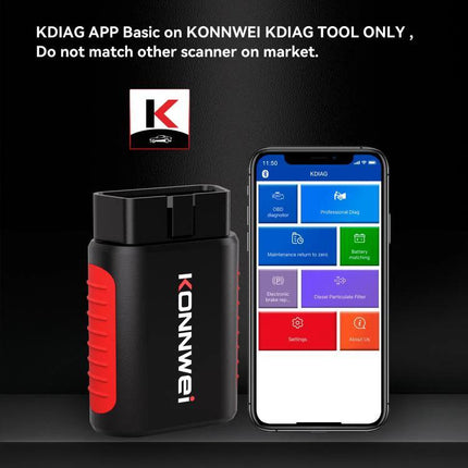 KONNWEI Scanner for Routine Vehicle Maintenance Checks compact OBD2 dongle next to smartphone app for easy diagnostics