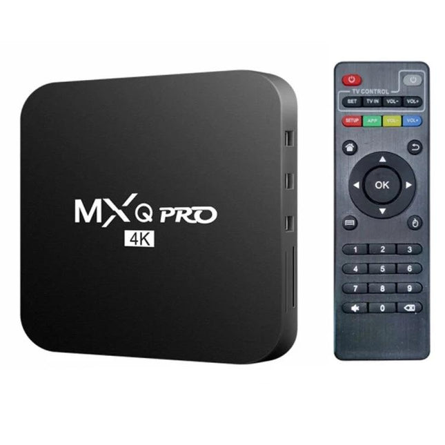 MXQ Pro Android Set-Top Box for 4K Home Streaming with remote control shown for 4K TV streaming and media playback