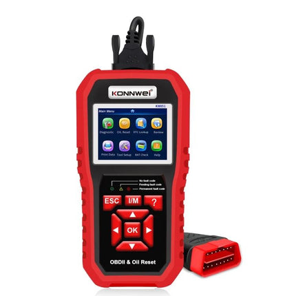 KONNWEI Scanner Helps With Daily Car Maintenance Checks - red KW851 OBDII diagnostic tool showing screen and OBDII connector