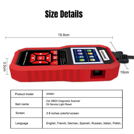KONNWEI Scanner Helps With Daily Car Maintenance Checks - red KW851 OBDII diagnostic tool with 2.8in color screen and size details