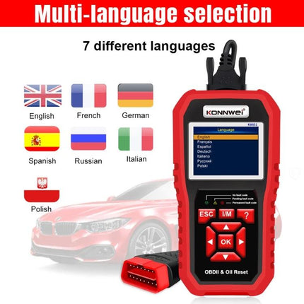 KONNWEI Scanner Helps With Daily Car Maintenance Checks - KW851 OBDII diagnostic reader with multi-language menu and OBDII plug for engine code checks