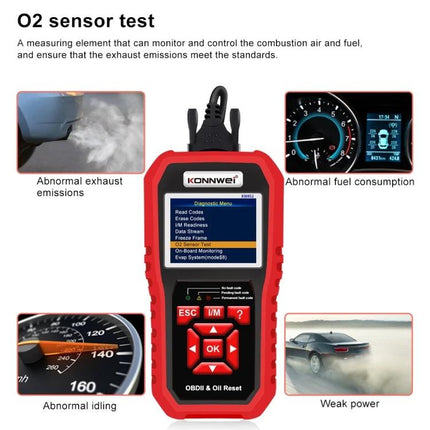 KONNWEI Scanner Helps With Daily Car Maintenance Checks - KW851 OBDII handheld scanner showing O2 sensor test and diagnostic menu