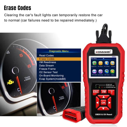 KONNWEI Scanner Helps With Daily Car Maintenance Checks - red KW851 OBDII diagnostic tool reading and erasing codes on car dashboard