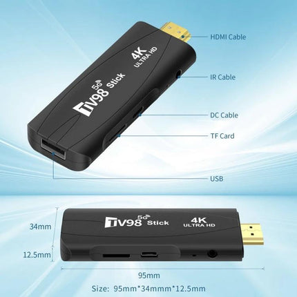 TV98 Android TV Stick with 4K HD and Bluetooth for Home Entertainment compact 4K HDMI streaming stick with USB, TF slot and IR remote support