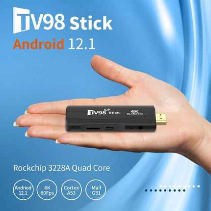 TV98 Android TV Stick with 4K HD and Bluetooth for Home Entertainment - compact Android 12 Rockchip 3228A HDMI streaming stick in hand