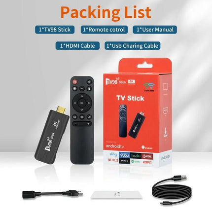 TV98 Android TV Stick with 4K HD and Bluetooth for Home Entertainment showing stick, remote, HDMI and USB cables in packing list