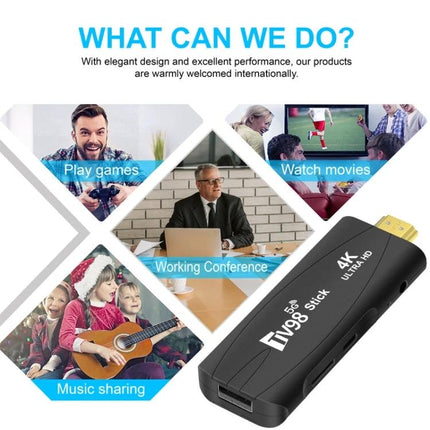 TV98 Android TV Stick with 4K HD and Bluetooth for Home Entertainment compact HDMI streamer showing gaming, movies, music sharing, and conference use