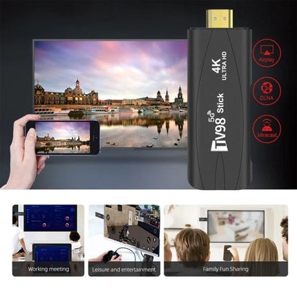 TV98 Android TV Stick with 4K HD and Bluetooth for Home Entertainment plugged into TV showing smartphone screen mirroring and family streaming
