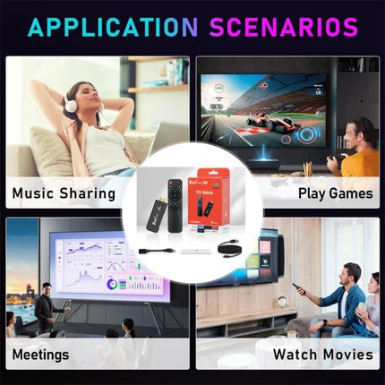 TV98 Android TV Stick with 4K HD and Bluetooth for Home Entertainment - HDMI streaming stick showing remote, apps, and living room use