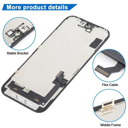 Replacement LCD Screen for iPhone 15 in Everyday Use showing internal flex cable, stable bracket and middle frame details