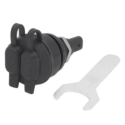 Motorcycle USB Charger Socket With Dual USB Ports For Rides installed on handlebar with dual covered ports and mounting wrench