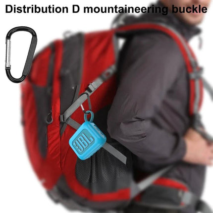 Slim Silicone Speaker Case For Portable Home Speakers shown on backpack hook protecting compact Bluetooth speaker