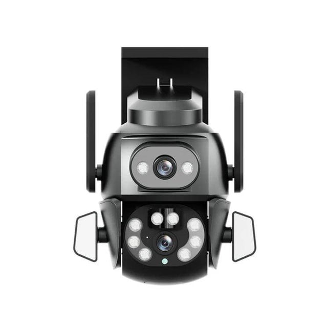 Outdoor Security Camera with Binocular Zoom for Monitoring front view showing dual 2MP+2MP lenses, LED lights, antennas and mounting bracket