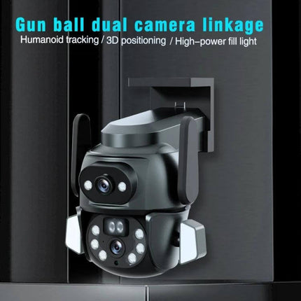 Outdoor Security Camera with Binocular Zoom for Monitoring mounted on exterior wall showing dual-lens, 2MP+2MP HD zoom and tracking features