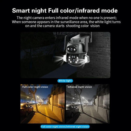 Outdoor Security Camera with Binocular Zoom for Monitoring showing full-color and infrared night vision modes with intelligent tracking