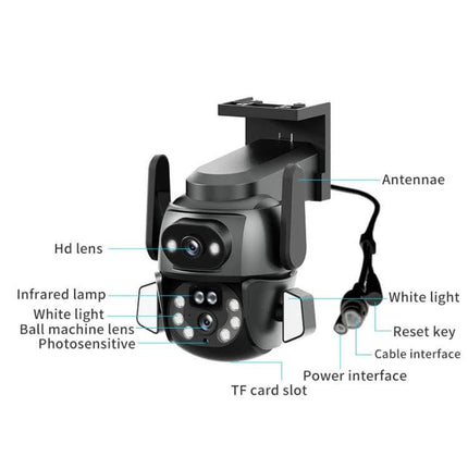 Outdoor Security Camera with Binocular Zoom for Monitoring showing 2MP+2MP HD lens, infrared lamp, white light, TF card and power interface