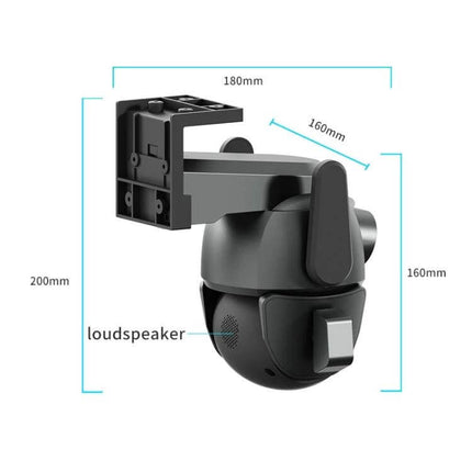 Outdoor Security Camera with Binocular Zoom for Monitoring showing black PTZ camera with mount, dimensions and labeled loudspeaker