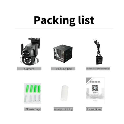 Outdoor Security Camera with Binocular Zoom for Monitoring packing list showing camera, box, power supply, screws, waterproof fitting, and instructions