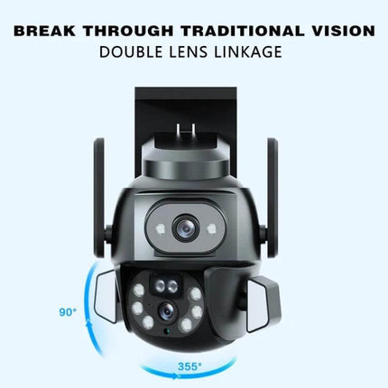 Outdoor Security Camera with Binocular Zoom for Monitoring showing double-lens 2MP+2MP HD zoom, 355° pan and 90° tilt for outdoor tracking and remote app control