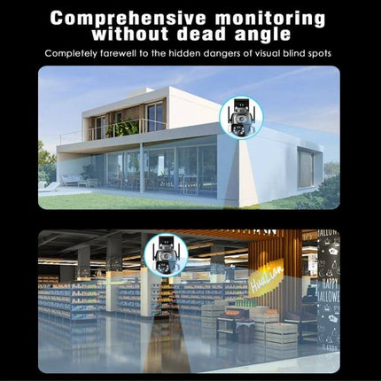 Outdoor Security Camera with Binocular Zoom for Monitoring showing home and retail coverage with intelligent tracking and remote app control