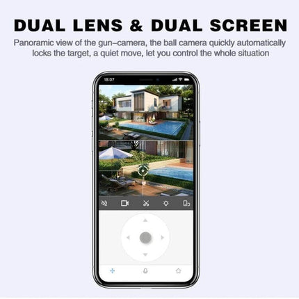 Outdoor Security Camera with Binocular Zoom for Monitoring showing dual-lens live app view on smartphone with intelligent tracking and remote control