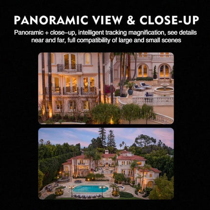 Outdoor Security Camera with Binocular Zoom for Monitoring showing panoramic and close-up views of a large estate with pool and detailed zoom