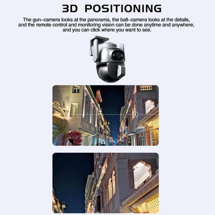 Outdoor Security Camera with Binocular Zoom for Monitoring showing 3D positioning, binocular zoom close-up and wide-angle night street views