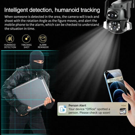 Outdoor Security Camera with Binocular Zoom for Monitoring showing humanoid tracking, intruder detection, and mobile app alert