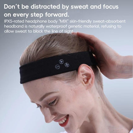 Mucro Turban-Style Headband for Sports and Daily Activities black Bluetooth sweat-resistant turban headband worn by smiling runner