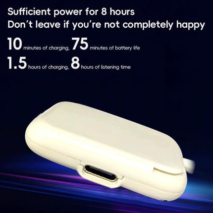 Mucro Turban-Style Headband for Sports and Daily Activities showing white Bluetooth earbud charging case and 8 hours playtime text