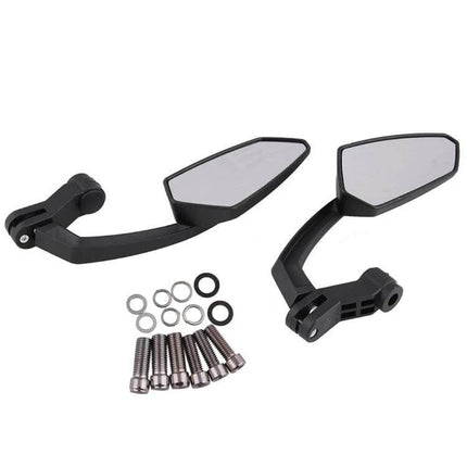 Universal Motorcycle Rear View Mirrors for Honda and Kawasaki Models - pair of black aftermarket mirrors with mounting bolts and washers
