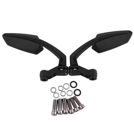 Universal Motorcycle Rear View Mirrors for Honda and Kawasaki Models — black pair with mounting bolts and washers for universal fit