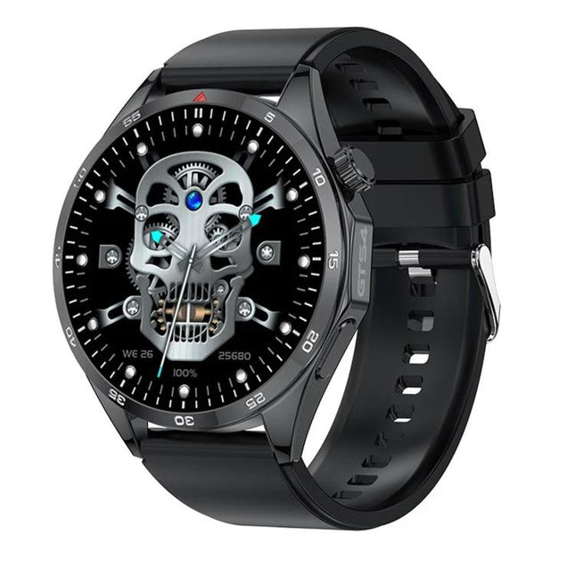 Smart Watch for Everyday Health and Fitness Tracking - black sport smartwatch with silicone band showing skull-themed watch face and fitness metrics