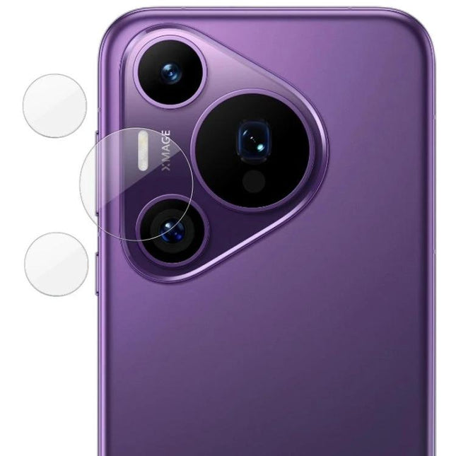 IMAK Camera Lens Protector For Huawei Pura 70 Series showing clear tempered glass lens film on purple phone camera — scratch and impact resistant