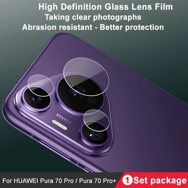 IMAK Camera Lens Protector For Huawei Pura 70 Series - clear tempered glass lens film on purple phone, scratch and impact resistant, bubble-free install