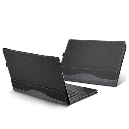 PU Leather Shockproof Protective Case for HP 14-Inch Laptops in black PU leather showing back and open positions, protective stitching and airflow design